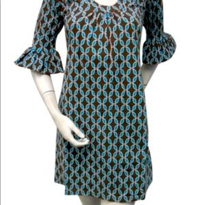 Tracy Negoshian dress in brown and turquoise.